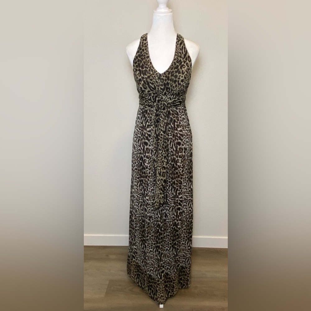 Ice Leopard Print Open Back Halter Maxi Dress Tan Brown Black
